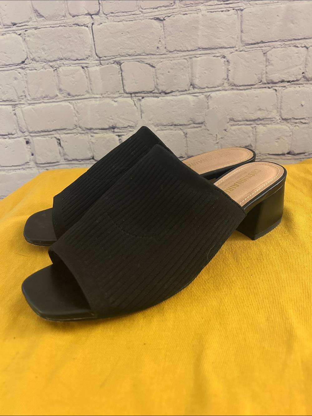 Black Open-Toe Ribbed Mule Heels